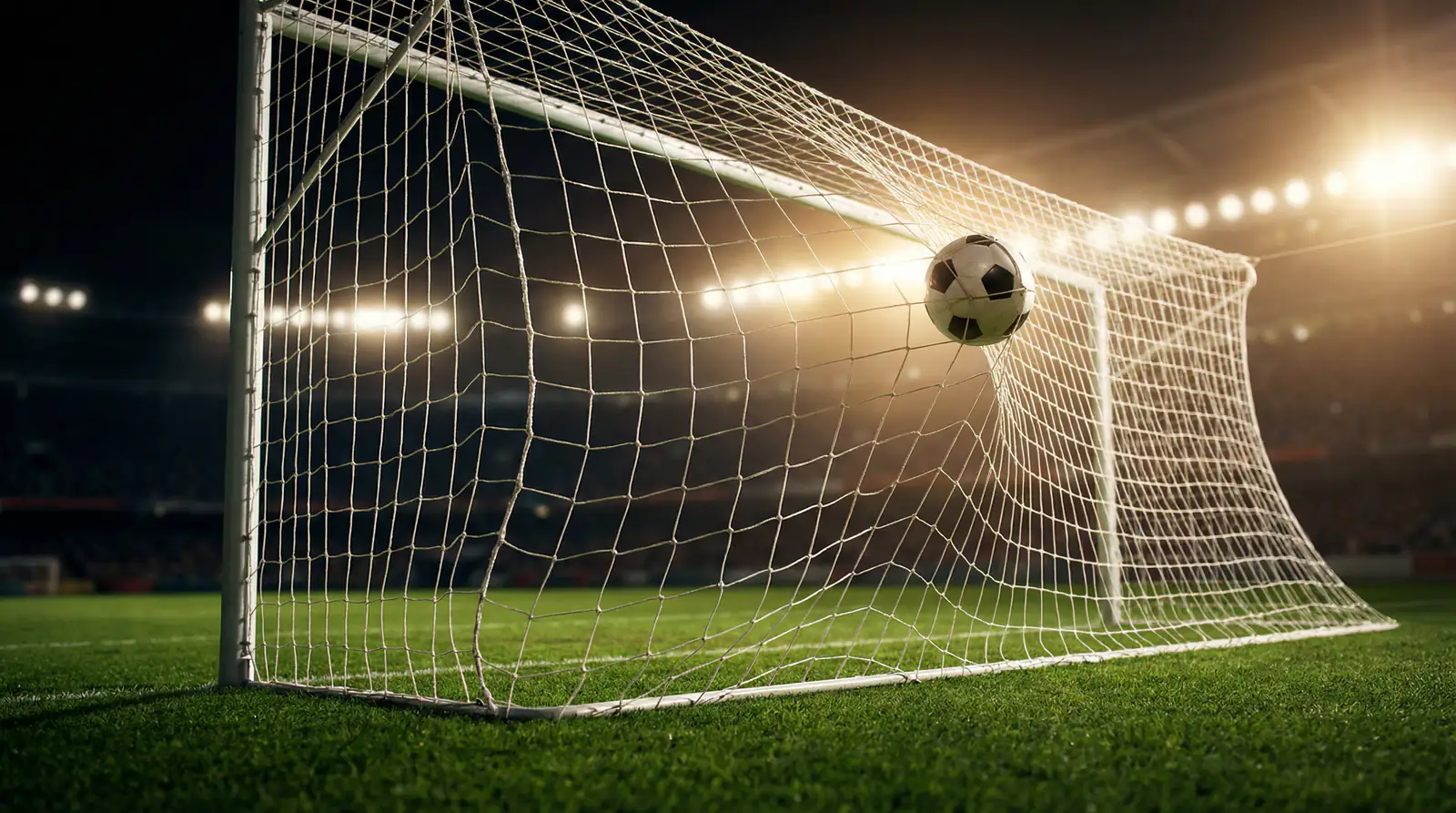 Balón de fútbol entrando en la portería durante un partido nocturno