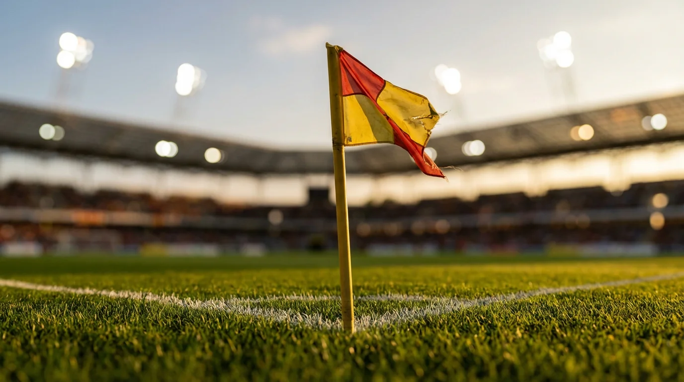 Banderín de córner en un campo de fútbol de césped natural con el estadio desenfocado al fondo