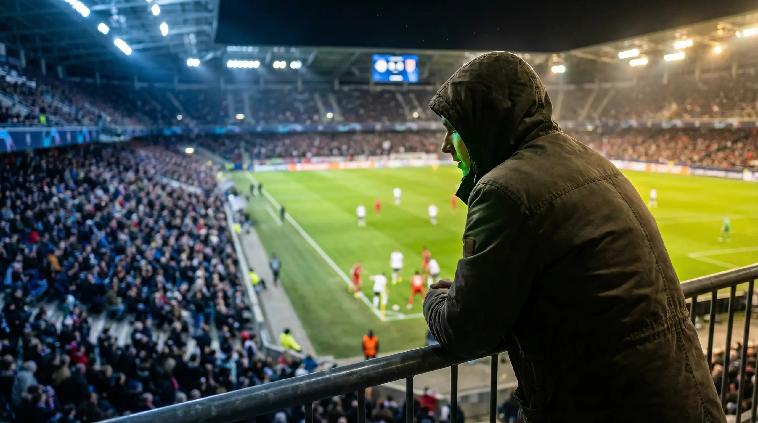 Apuestas de fútbol en directo: aficionado siguiendo un partido en vivo desde la grada del estadio de noche