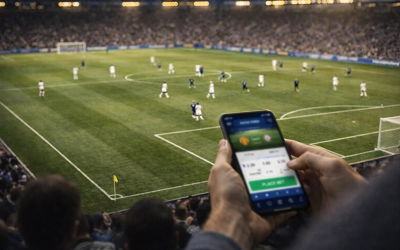 Apuestas de fútbol en vivo: aficionados siguiendo un partido en el estadio