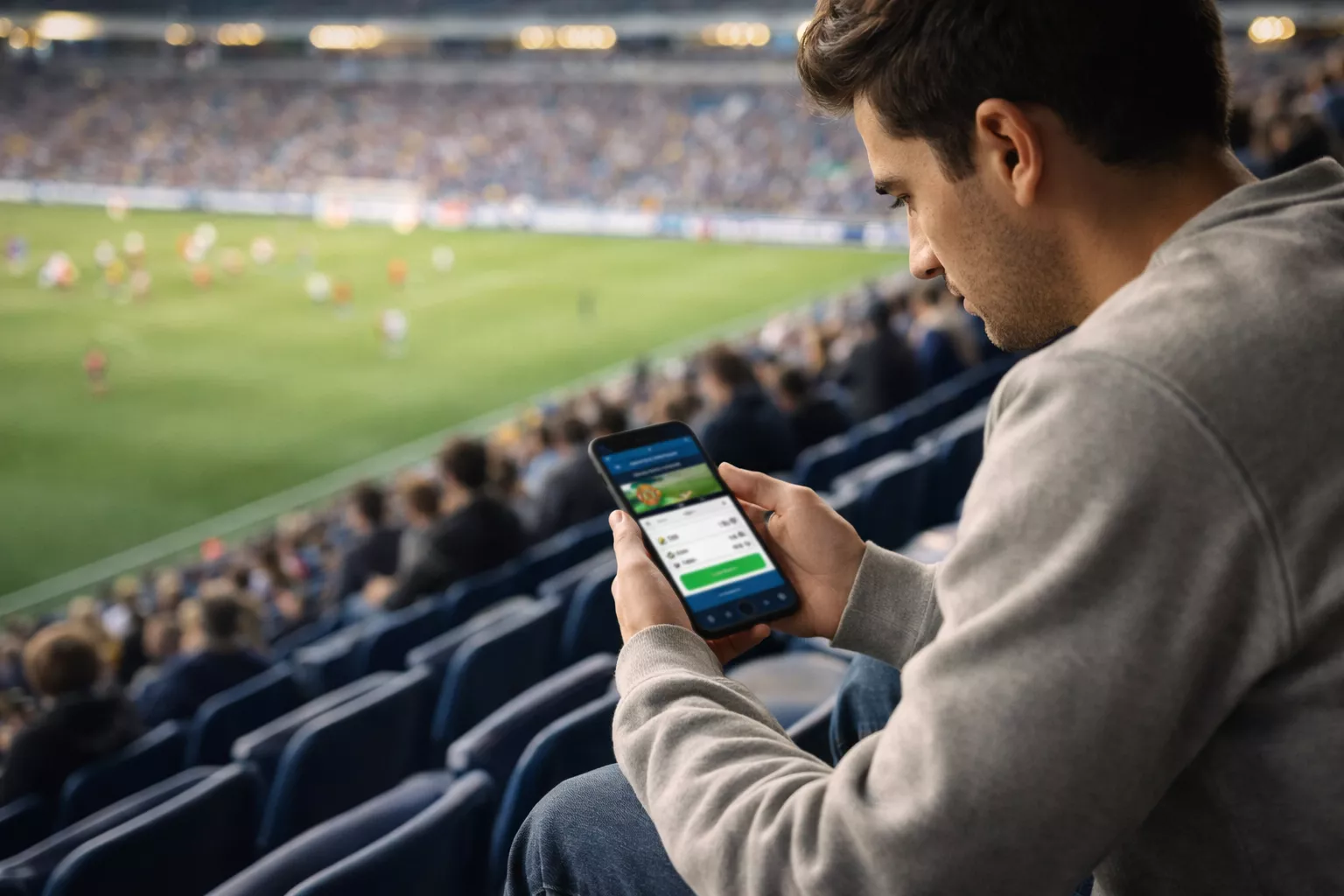 Apuestas de fútbol para principiantes: persona viendo un partido de fútbol en el estadio con el móvil