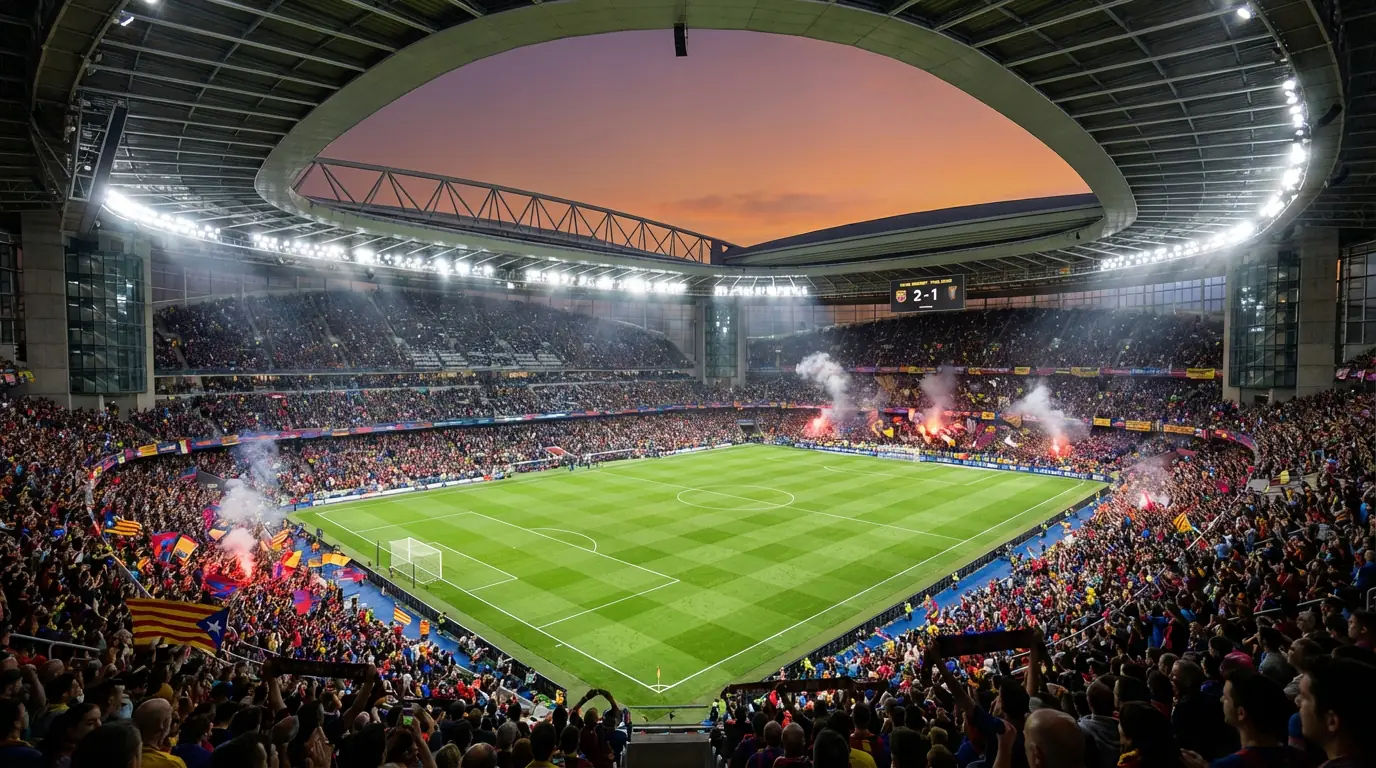 Vista panorámica de un estadio de fútbol español lleno de aficionados durante un partido de LaLiga
