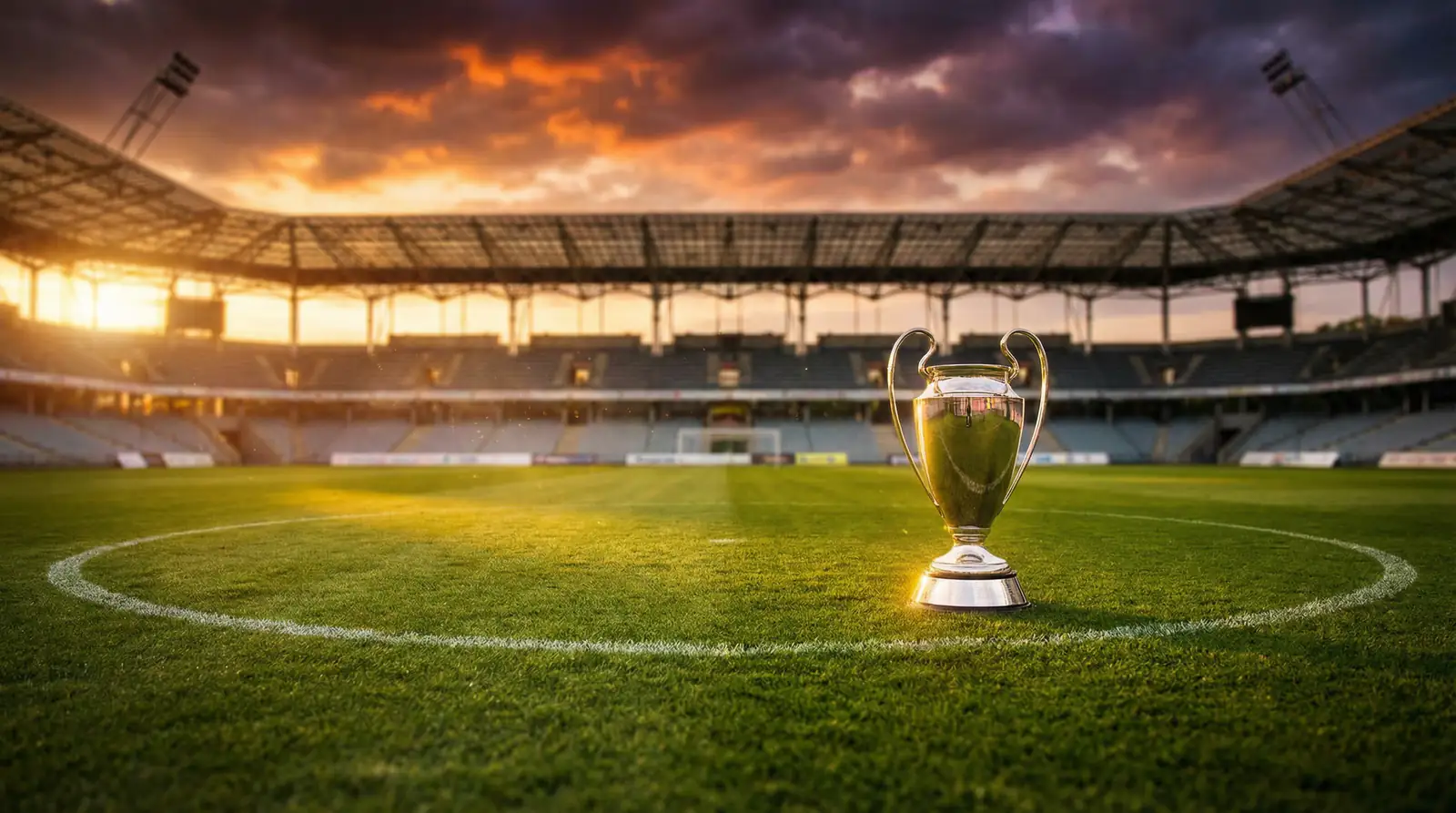 Trofeo de campeón de liga de fútbol sobre césped verde de un estadio vacío al atardecer