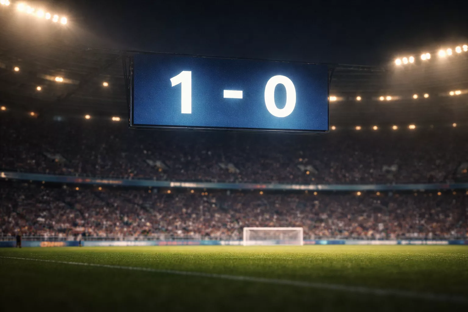 Marcador de un partido de fútbol en un estadio iluminado de noche