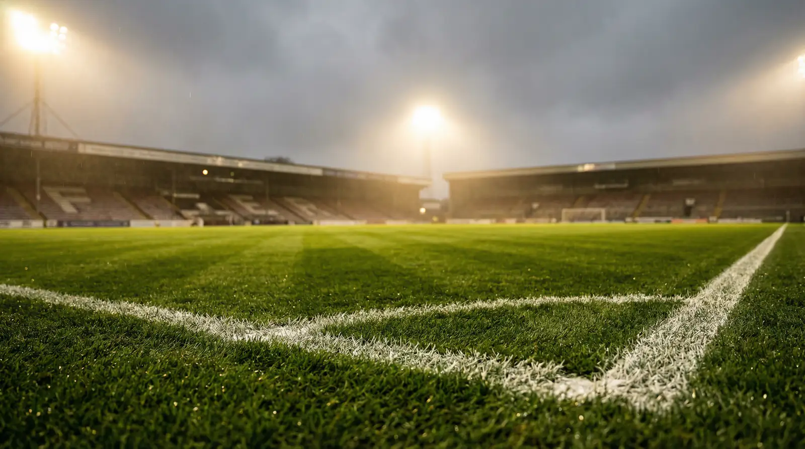 Campo de fútbol de césped natural con las líneas blancas recién pintadas bajo focos de un estadio inglés
