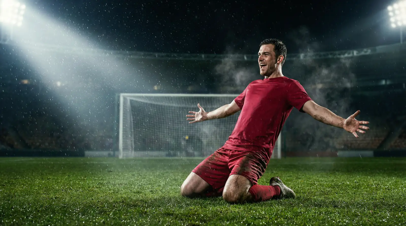 Delantero de fútbol celebrando un gol en un estadio con césped natural bajo focos nocturnos