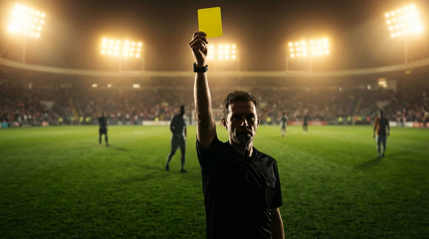 Árbitro de fútbol mostrando tarjeta amarilla durante un partido en un campo de césped natural