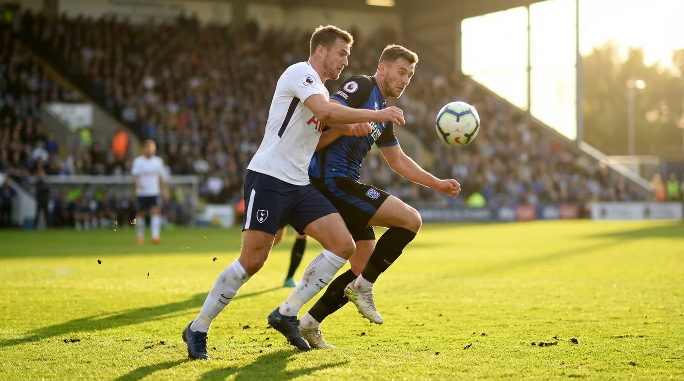 Jugadores de fútbol disputando un balón dividido en un campo de césped natural