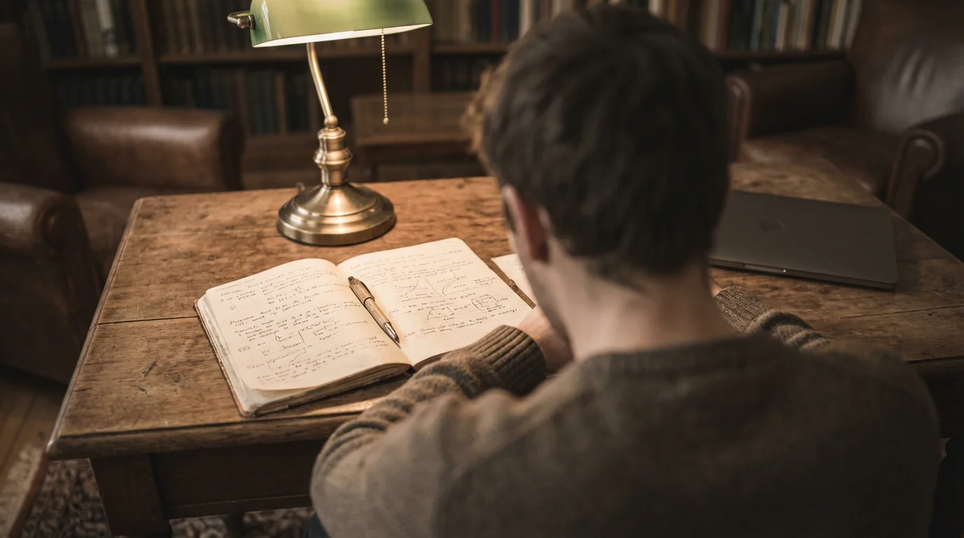 Persona sentada frente a un escritorio con un cuaderno de notas y un bolígrafo, analizando datos