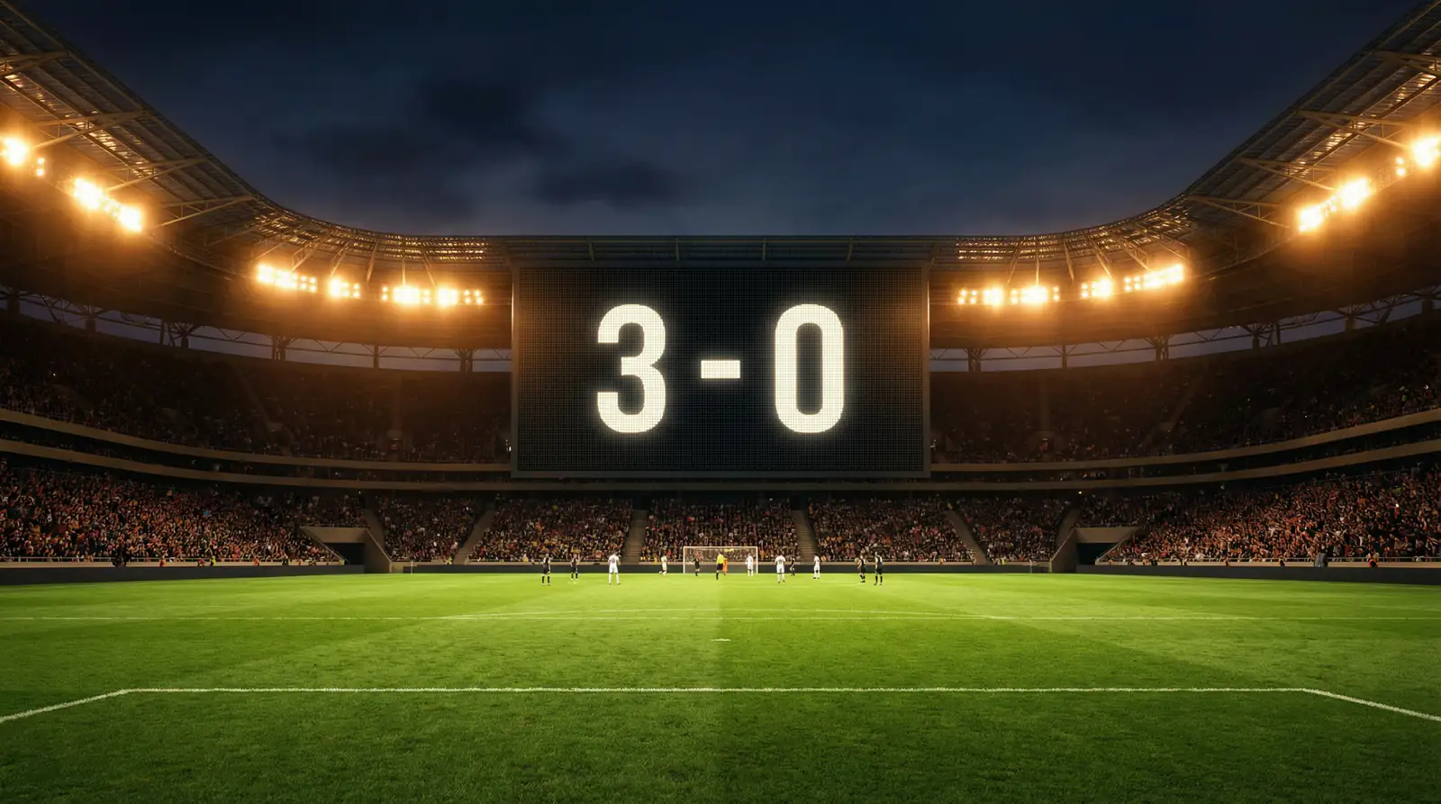 Marcador electrónico de un estadio de fútbol mostrando un resultado desigual durante un partido nocturno
