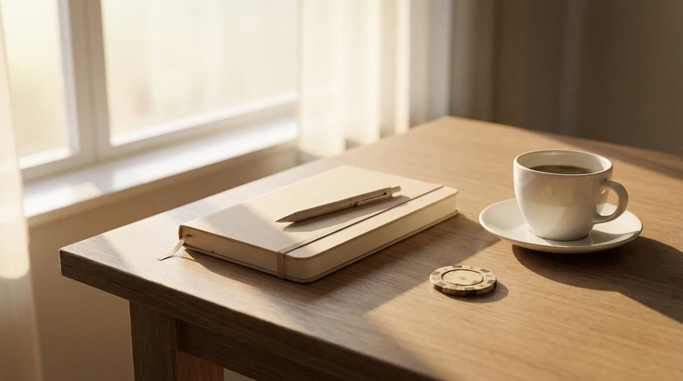 Mano de persona colocando una ficha sobre una mesa junto a un cuaderno abierto con anotaciones, escena tranquila y ordenada