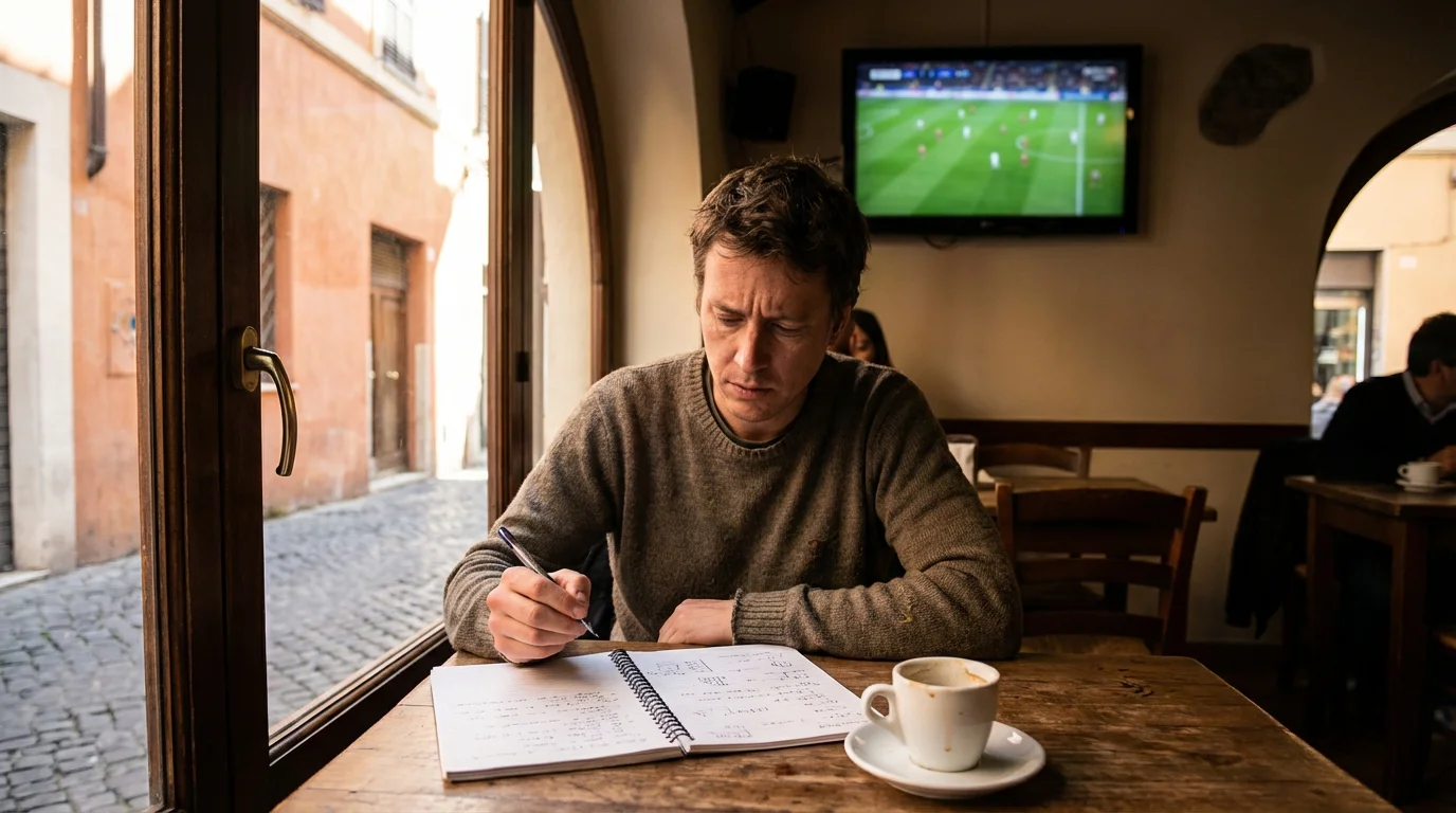 Pronósticos de fútbol: persona analizando un partido con libreta de notas junto a un campo de fútbol