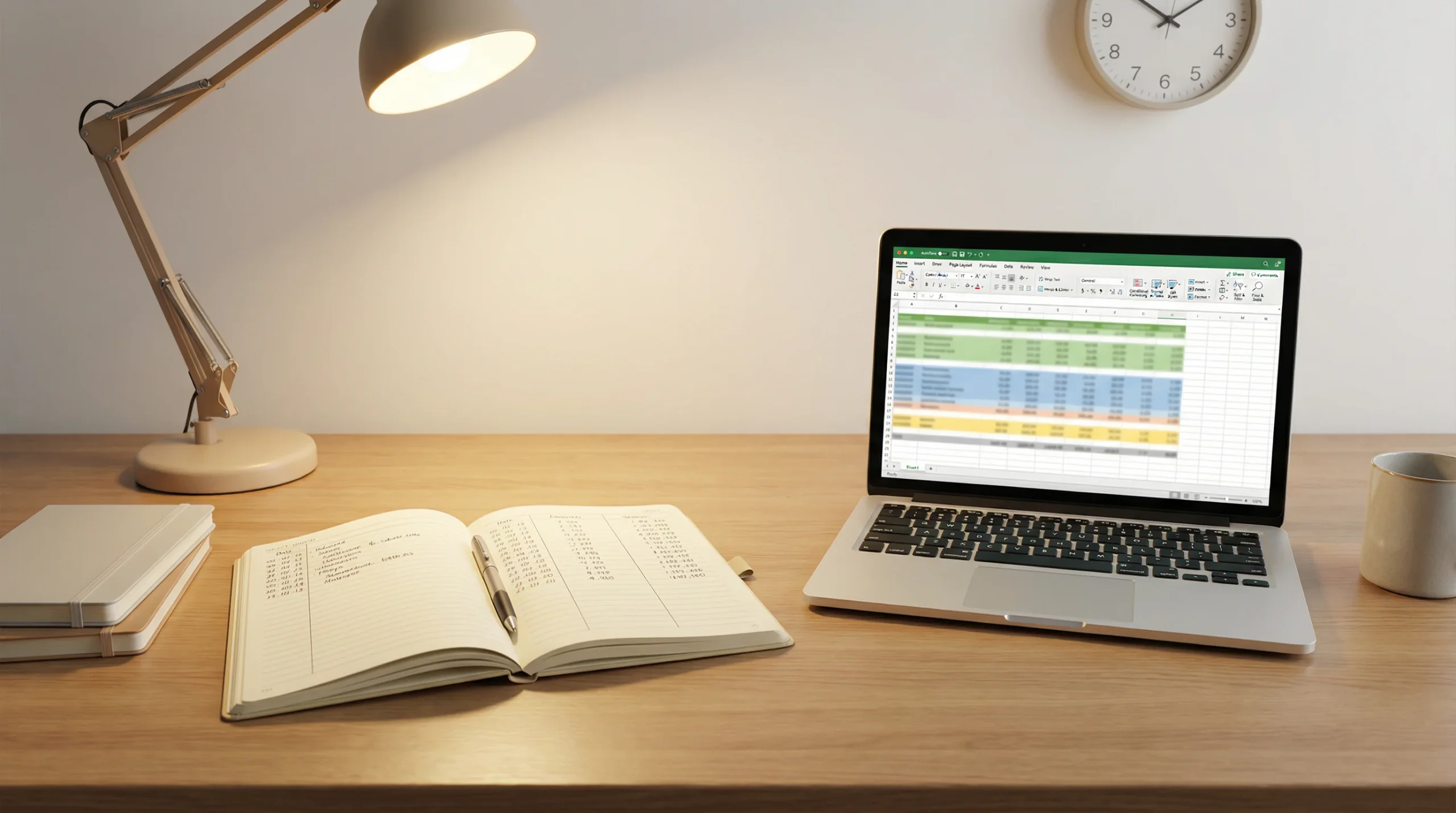 Cuaderno abierto con anotaciones de apuestas junto a un portátil con una hoja de cálculo en la pantalla sobre un escritorio ordenado