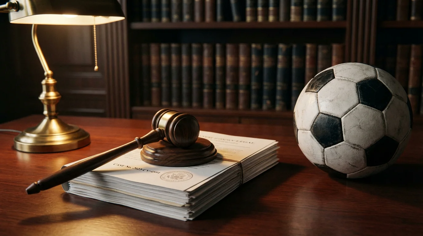Mazo de juez sobre documentos legales junto a un balón de fútbol en un escritorio de madera