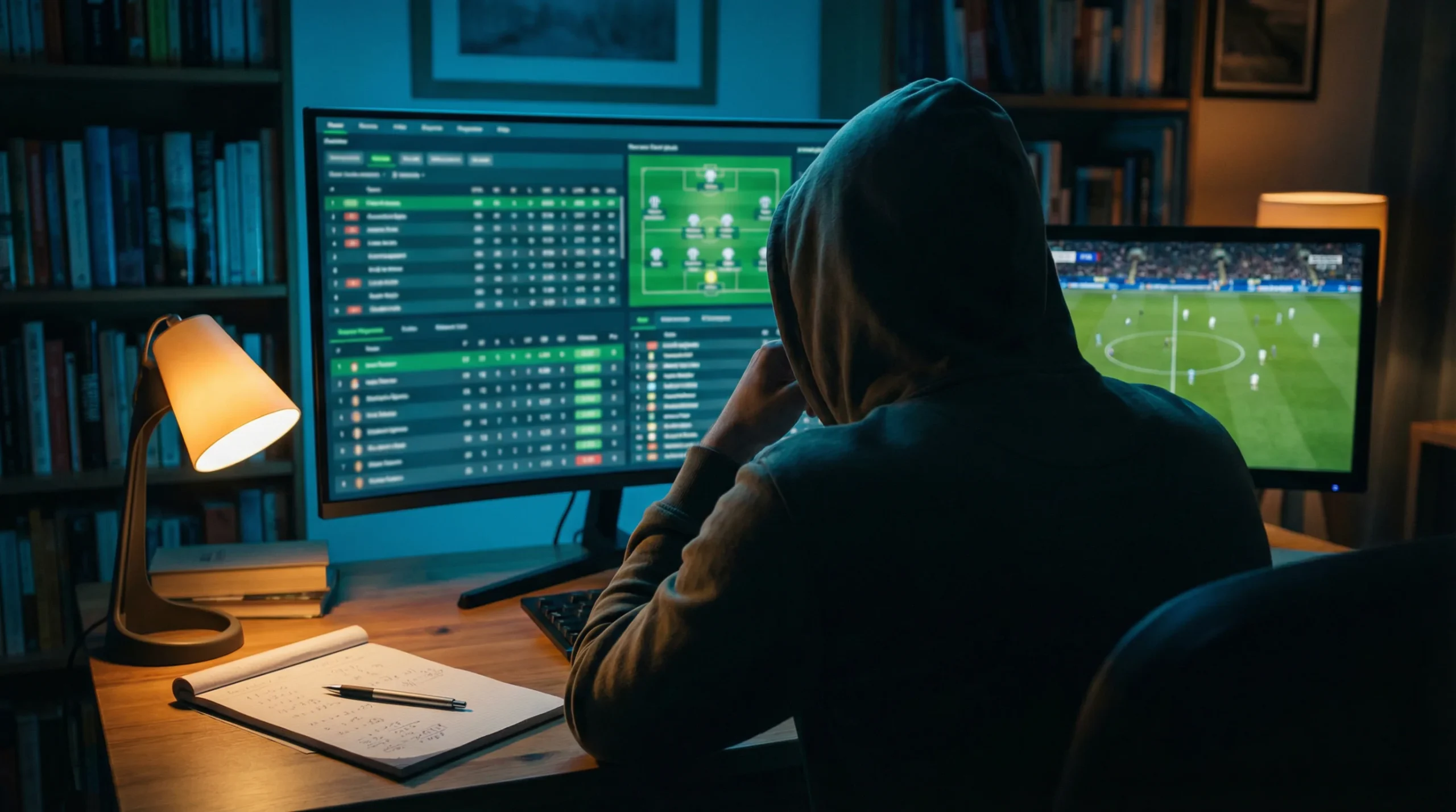Value betting en fútbol: analista estudiando estadísticas de partidos en una pantalla de ordenador